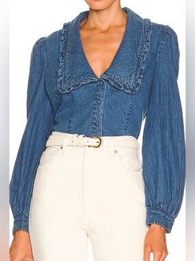 NWT Bardot chambray collar shirt blouse peter pan ruffle party street denim XS